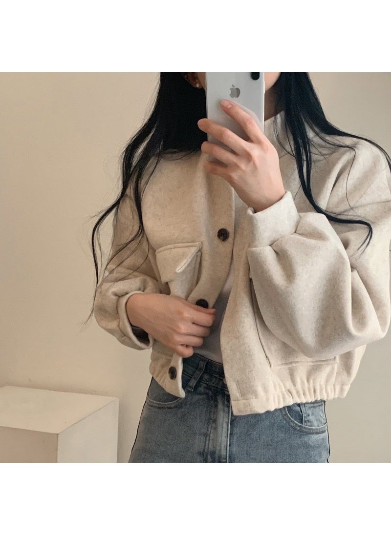 Korean Style Cool Handsome Retro Top Womens Autumn and Winter Locomotive Small Stand Collar Casual Short Age-reducing Loose Woolen Jacket Womens Clothing Apricot