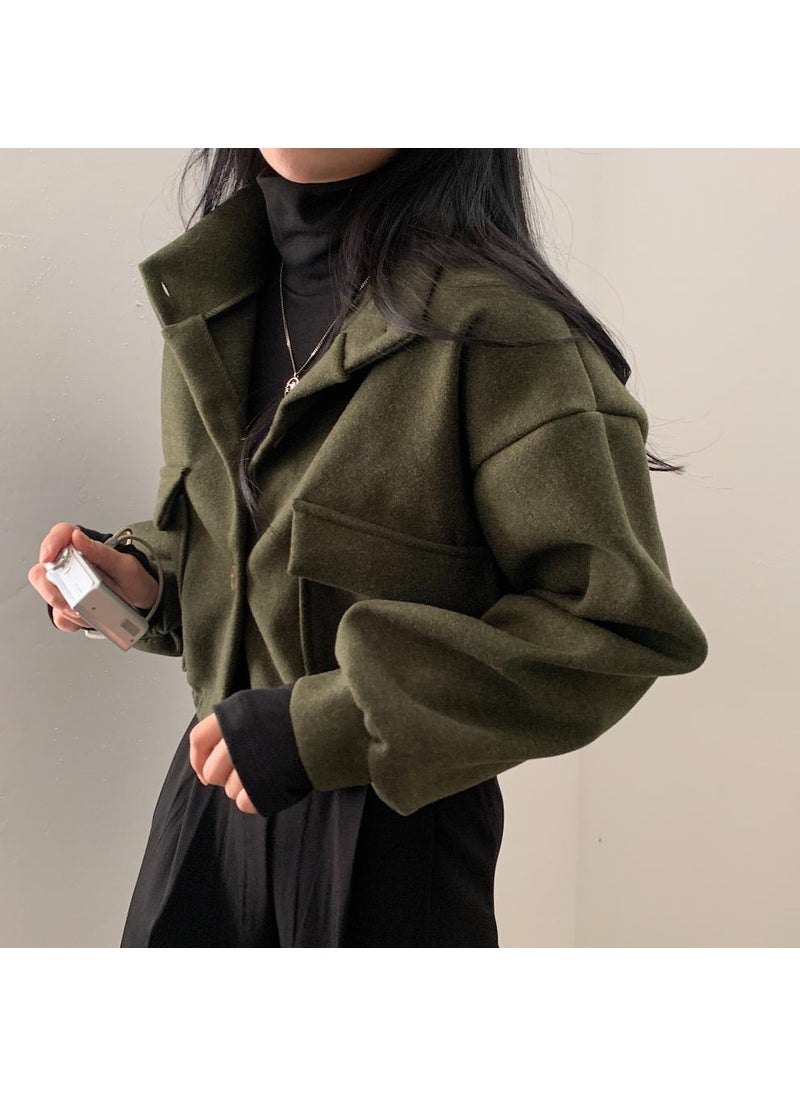 Korean Style Cool Handsome Retro Top Womens Autumn and Winter Locomotive Small Stand Collar Casual Short Age-reducing Loose Woolen Jacket Womens Clothing Apricot