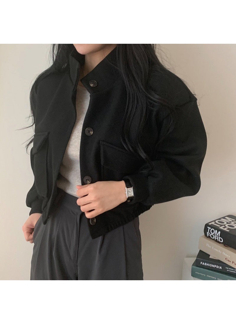 Korean Style Cool Handsome Retro Top Womens Autumn and Winter Locomotive Small Stand Collar Casual Short Age-reducing Loose Woolen Jacket Womens Clothing Apricot