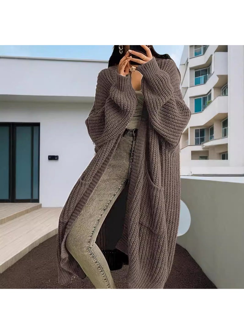 2024 New Autumn and Winter Lazy Style Long Sweater Coat Womens Loose All-match Base Long Sleeve Knitted Cardigan dark brown