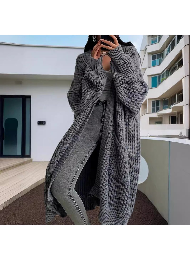 2024 New Autumn and Winter Lazy Style Long Sweater Coat Womens Loose All-match Base Long Sleeve Knitted Cardigan dark brown