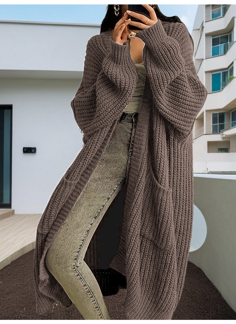 2024 New Autumn and Winter Lazy Style Long Sweater Coat Womens Loose All-match Base Long Sleeve Knitted Cardigan dark brown