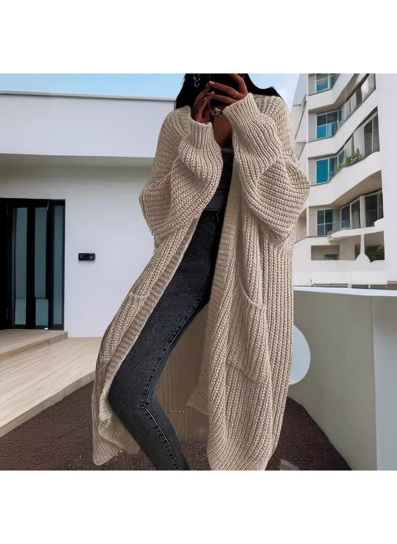 2024 New Autumn and Winter Lazy Style Long Sweater Coat Womens Loose All-match Base Long Sleeve Knitted Cardigan dark brown