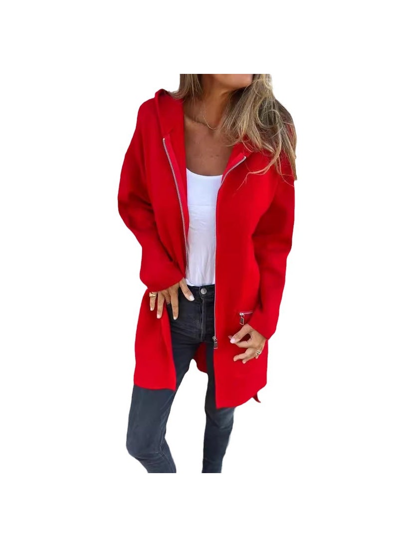 Autumn Winter Fashion Casual Womens Hooded Cardigan Red