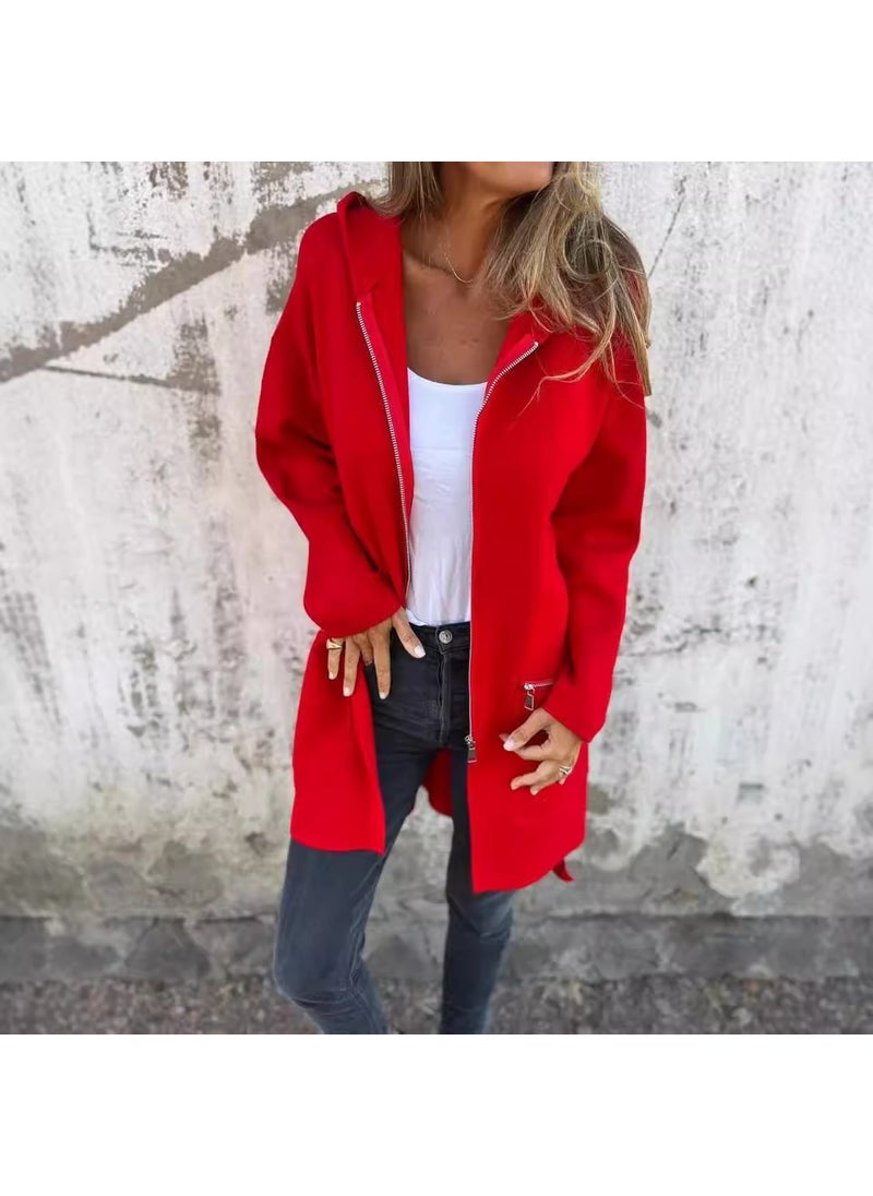 Autumn Winter Fashion Casual Womens Hooded Cardigan Red