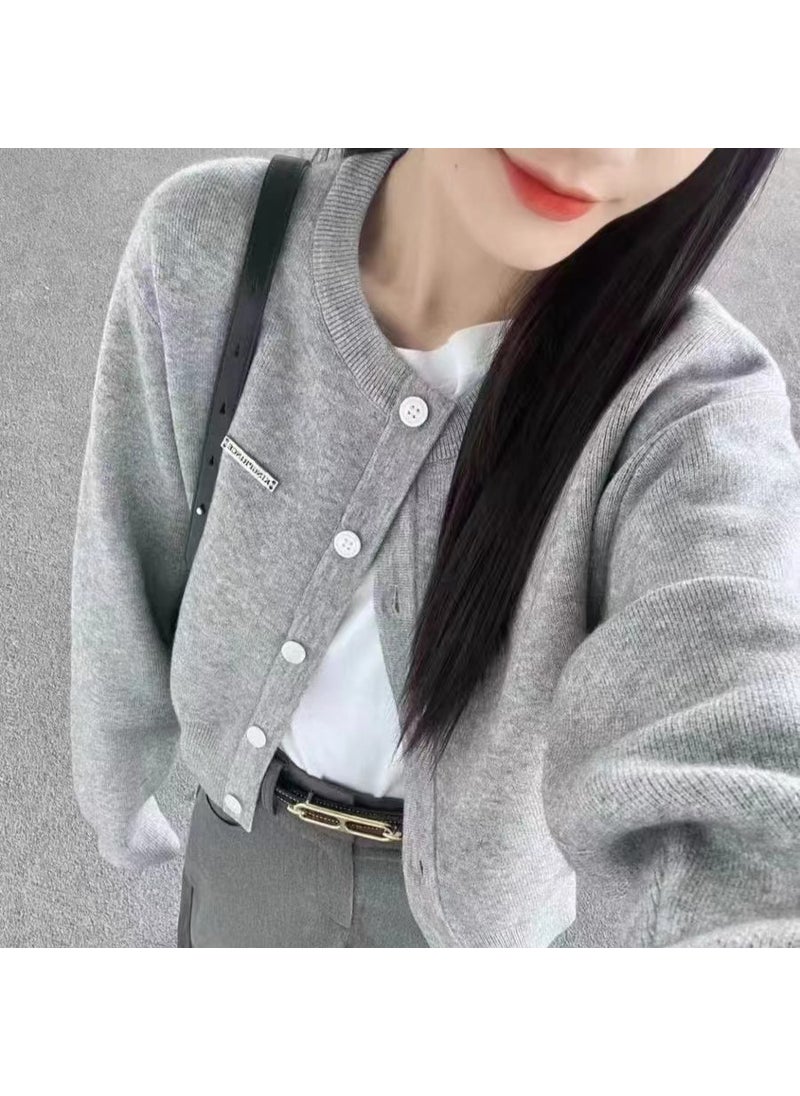 Autumn Short Minimalist Knitted Cardigan Womens Grey Hot Girl Korean Style Lazy Ins Trendy High-end Fashionable Top Grey