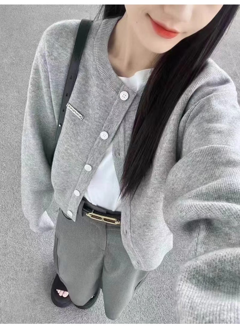 Autumn Short Minimalist Knitted Cardigan Womens Grey Hot Girl Korean Style Lazy Ins Trendy High-end Fashionable Top Grey