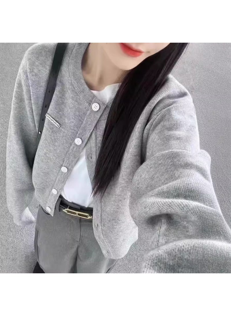 Autumn Short Minimalist Knitted Cardigan Womens Grey Hot Girl Korean Style Lazy Ins Trendy High-end Fashionable Top Grey