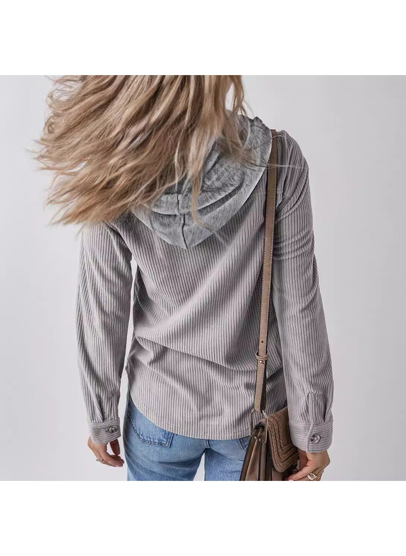 2024 Autumn Winter Striped Hooded Cardigan Women Khaki