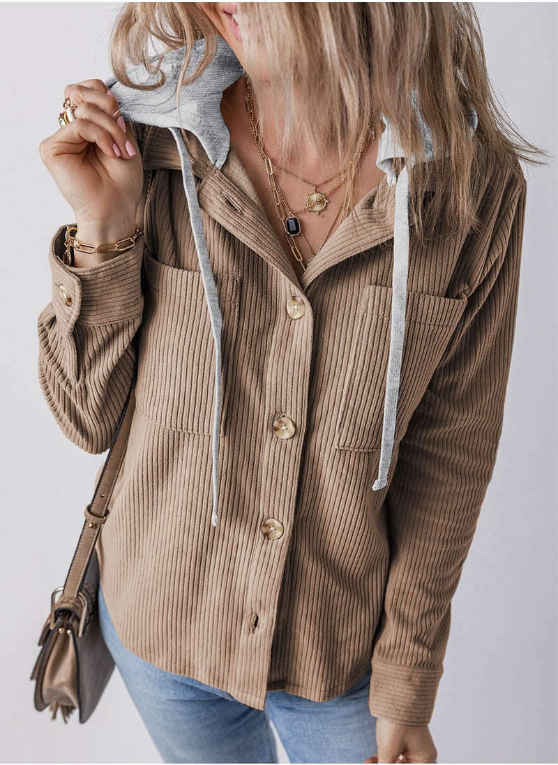 2024 Autumn Winter Striped Hooded Cardigan Women Khaki