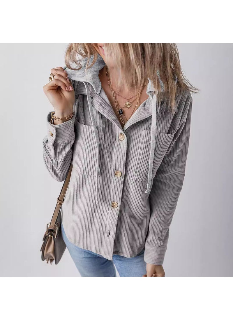 2024 Autumn Winter Striped Hooded Cardigan Women Khaki