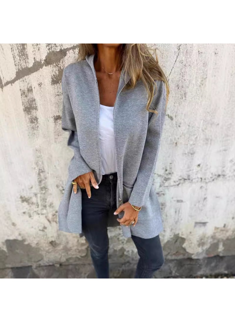 Autumn Winter Fashion Casual Womens Hooded Cardigan Gray