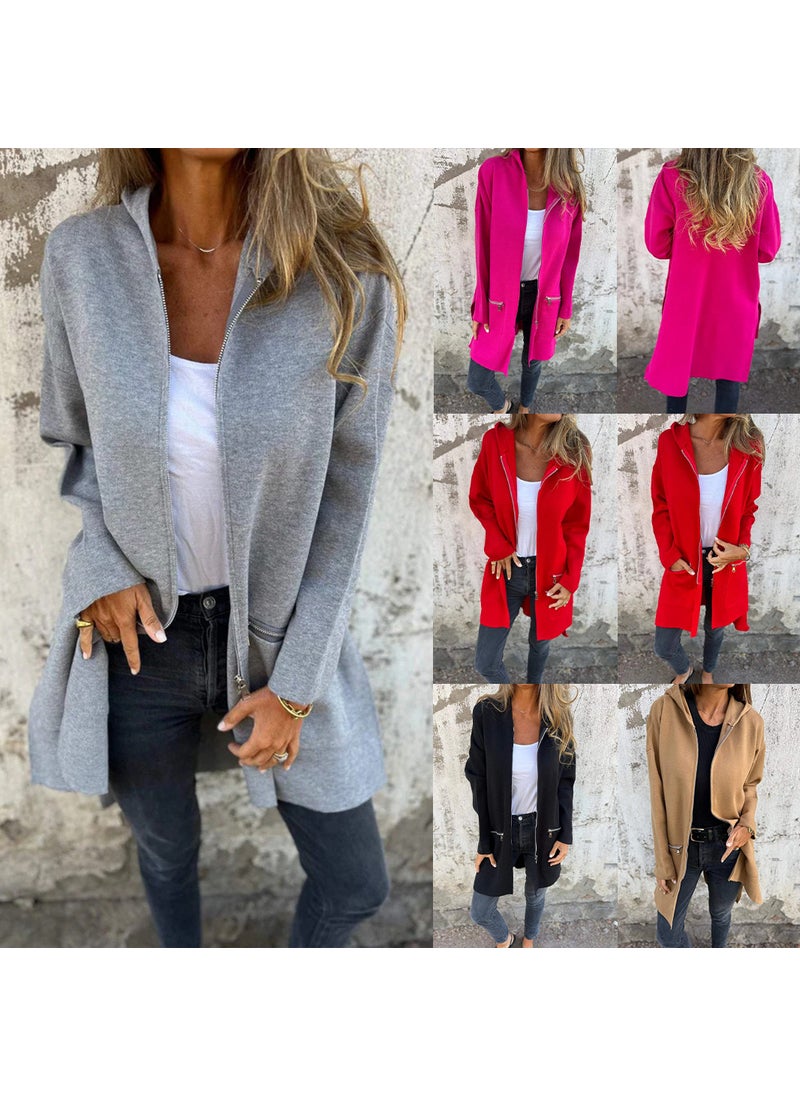 Autumn Winter Fashion Casual Womens Hooded Cardigan Gray