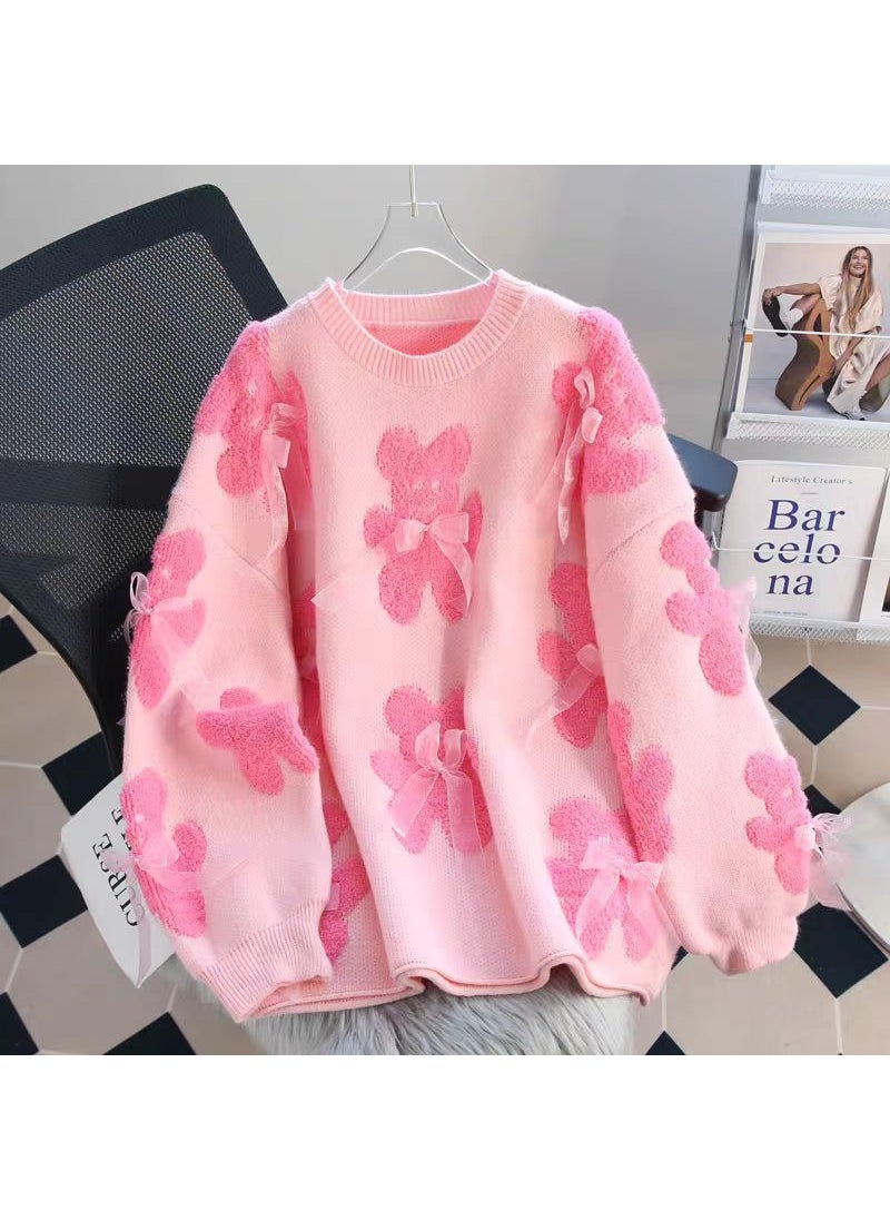 Korean Style Mid-length Sweater Womens Autumn and Winter 2024 New Knitted Sweater Bear Loose Lazy Style Western Style Round Neck Top Pink