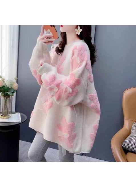 Korean Style Mid-length Sweater Womens Autumn and Winter 2024 New Knitted Sweater Bear Loose Lazy Style Western Style Round Neck Top Pink