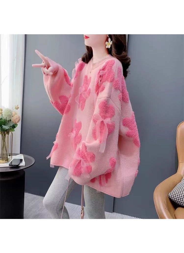 Korean Style Mid-length Sweater Womens Autumn and Winter 2024 New Knitted Sweater Bear Loose Lazy Style Western Style Round Neck Top Pink