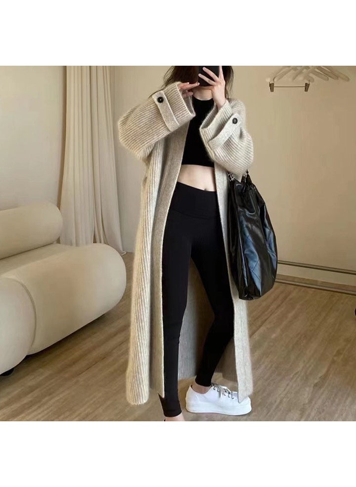 South Korea Chic French-style V-neck Soft Waxy Skin-friendly Knitted Cardigan Loose Over-the-knee Long Sweater Coat for Women Khaki