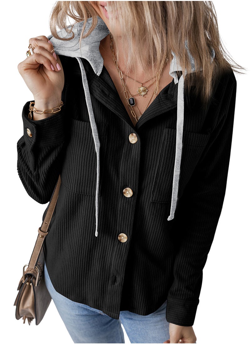 2024 Autumn Winter Striped Hooded Cardigan Women Black