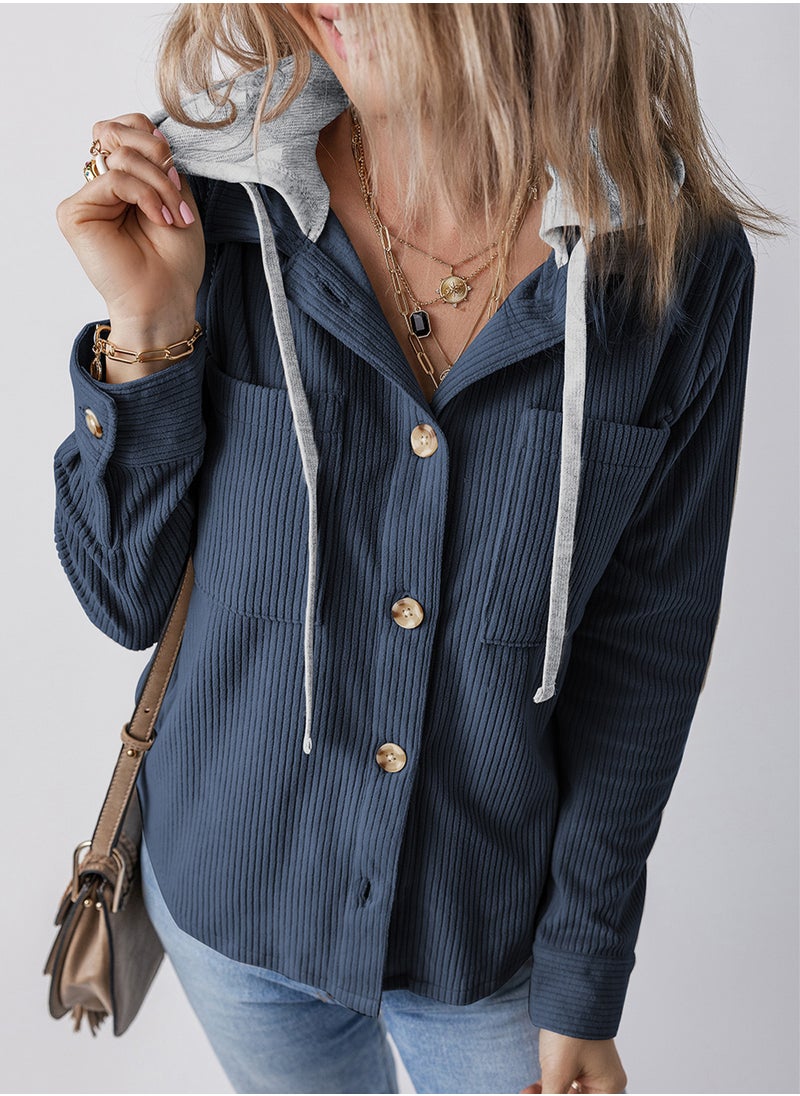 2024 Autumn Winter Striped Hooded Cardigan Women Black