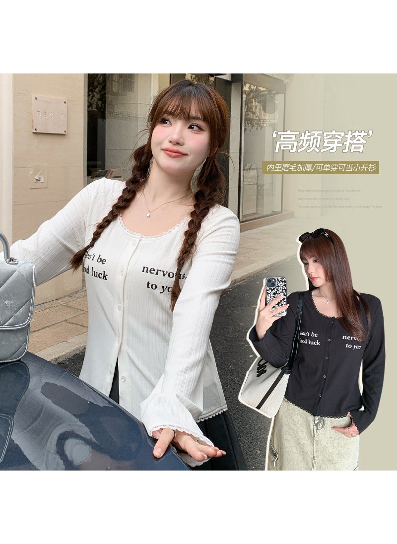 Autumn Winter Lace Plus-Size Slimming Tee Black