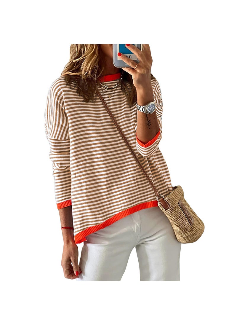 2024 Autumn Winter Striped Colorblock Womens Sweater Caramel