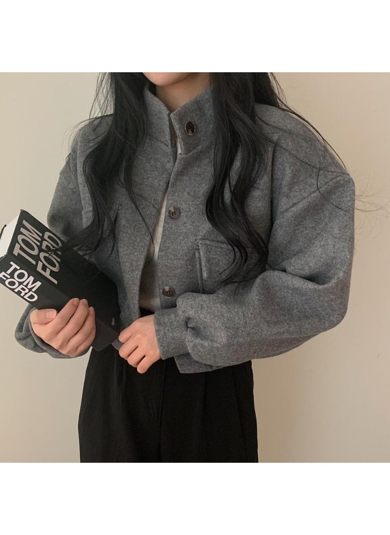 Korean Style Cool Handsome Retro Top Womens Autumn and Winter Locomotive Small Stand Collar Casual Short Age-reducing Loose Woolen Jacket Womens Clothing Gray