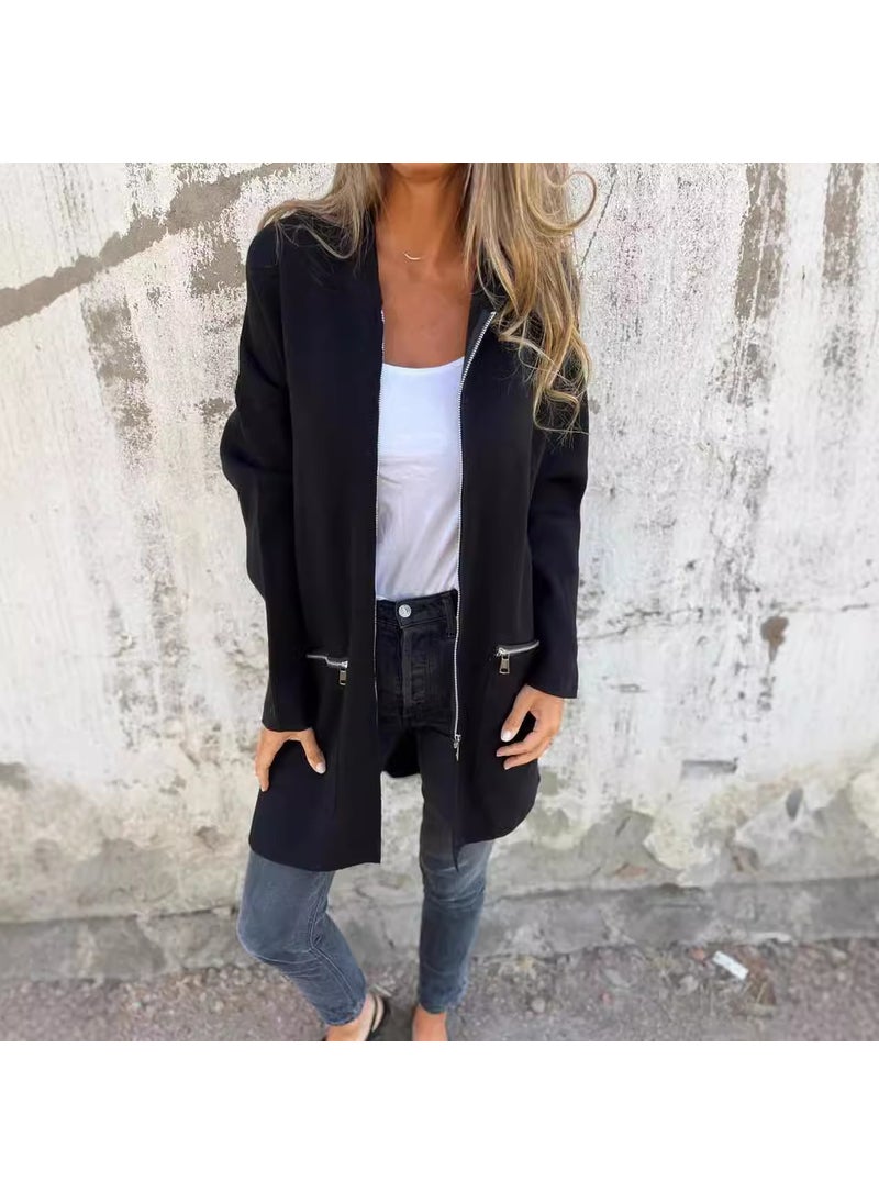 Autumn Winter Fashion Casual Womens Hooded Cardigan Black