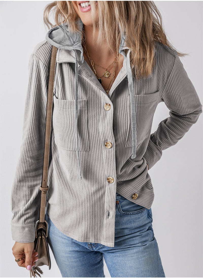 2024 Autumn Winter Striped Hooded Cardigan Women Light gray