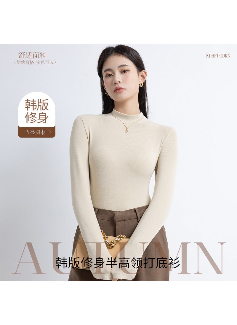 2024 New Arrival Half-turtleneck Top Womens Spring and Autumn Slim-fit Solid Color Slimming Base Shirt High Elastic Thread Long Sleeve Inner Shirt White