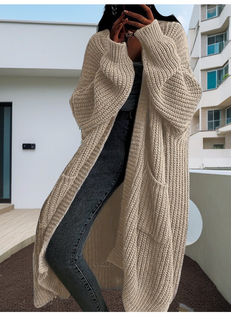 2024 New Autumn and Winter Lazy Style Long Sweater Coat Womens Loose All-match Base Long Sleeve Knitted Cardigan Khakis