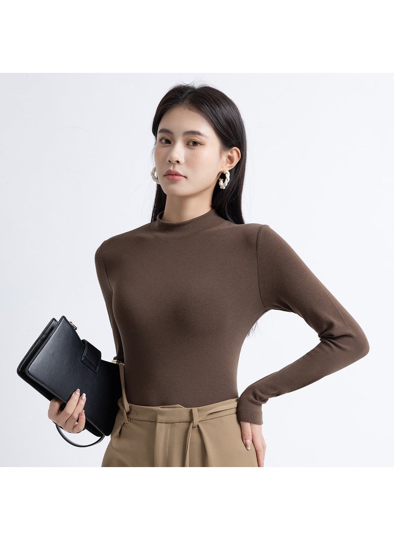 2024 New Arrival Half-turtleneck Top Womens Spring and Autumn Slim-fit Solid Color Slimming Base Shirt High Elastic Thread Long Sleeve Inner Shirt Dark coffee