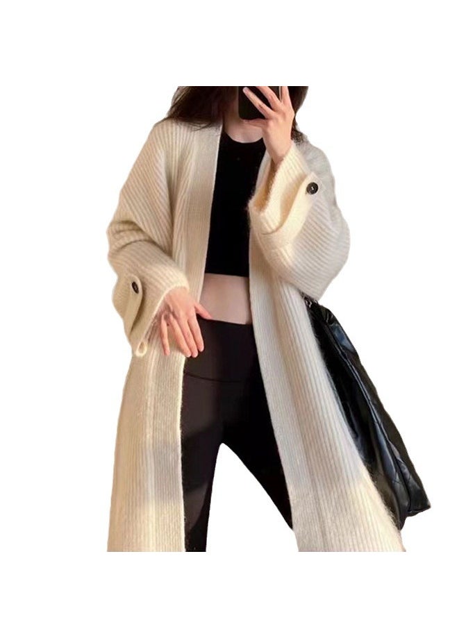 South Korea Chic French-style V-neck Soft Waxy Skin-friendly Knitted Cardigan Loose Over-the-knee Long Sweater Coat for Women Apricot