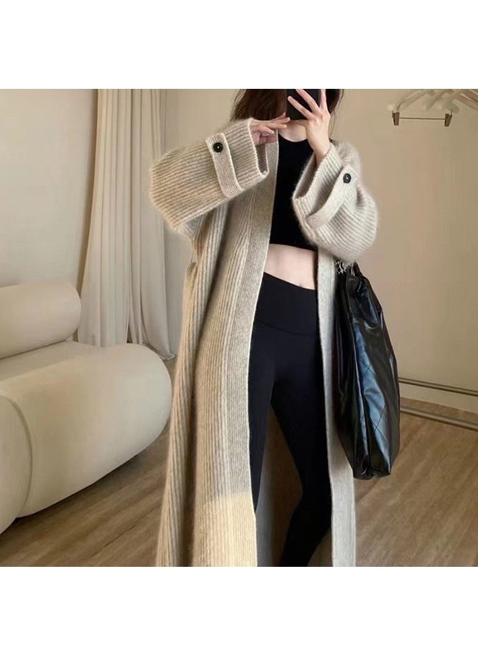 South Korea Chic French-style V-neck Soft Waxy Skin-friendly Knitted Cardigan Loose Over-the-knee Long Sweater Coat for Women Apricot