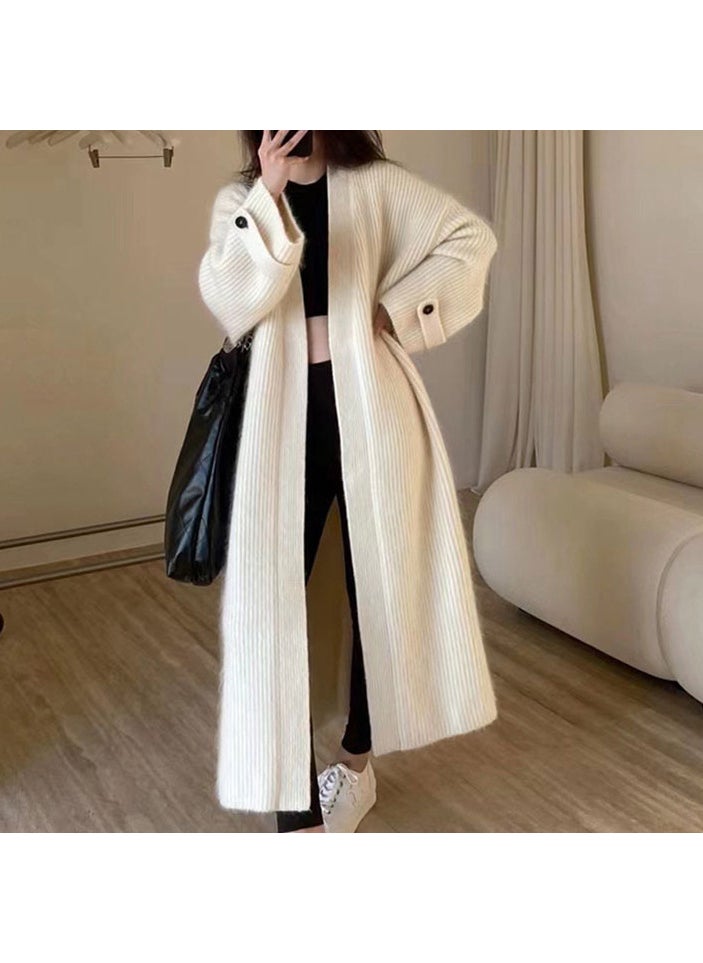 South Korea Chic French-style V-neck Soft Waxy Skin-friendly Knitted Cardigan Loose Over-the-knee Long Sweater Coat for Women Apricot