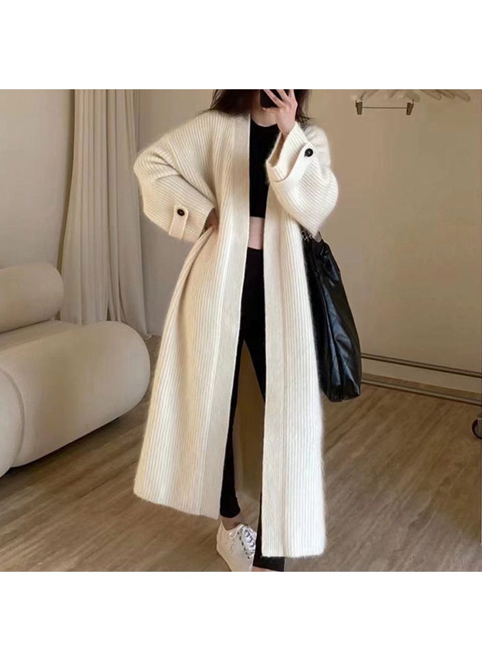 South Korea Chic French-style V-neck Soft Waxy Skin-friendly Knitted Cardigan Loose Over-the-knee Long Sweater Coat for Women Apricot