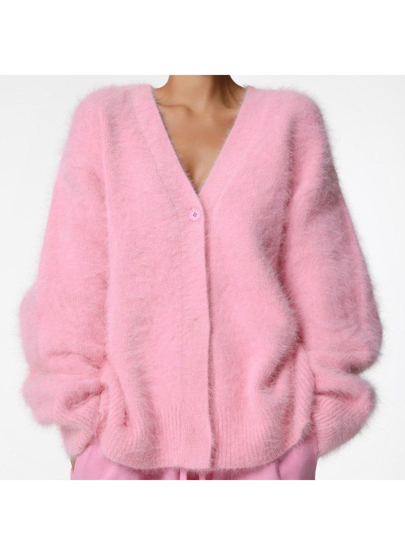 2024 Autumn Winter V-Neck Cashmere Sweater Cardigan for Women Pink