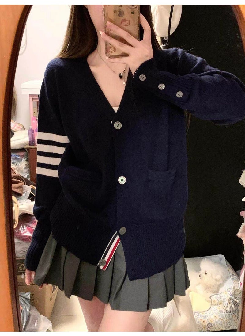 Lazy Style Early Autumn Top 2024 New Arrival College Style Womens Autumn Sweater Coat Milk Hoo Knitted Cardigan Navy blue (different qualities)