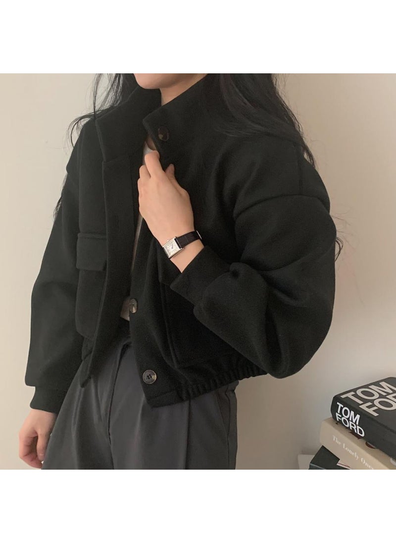 Korean Style Cool Handsome Retro Top Womens Autumn and Winter Locomotive Small Stand Collar Casual Short Age-reducing Loose Woolen Jacket Womens Clothing Black