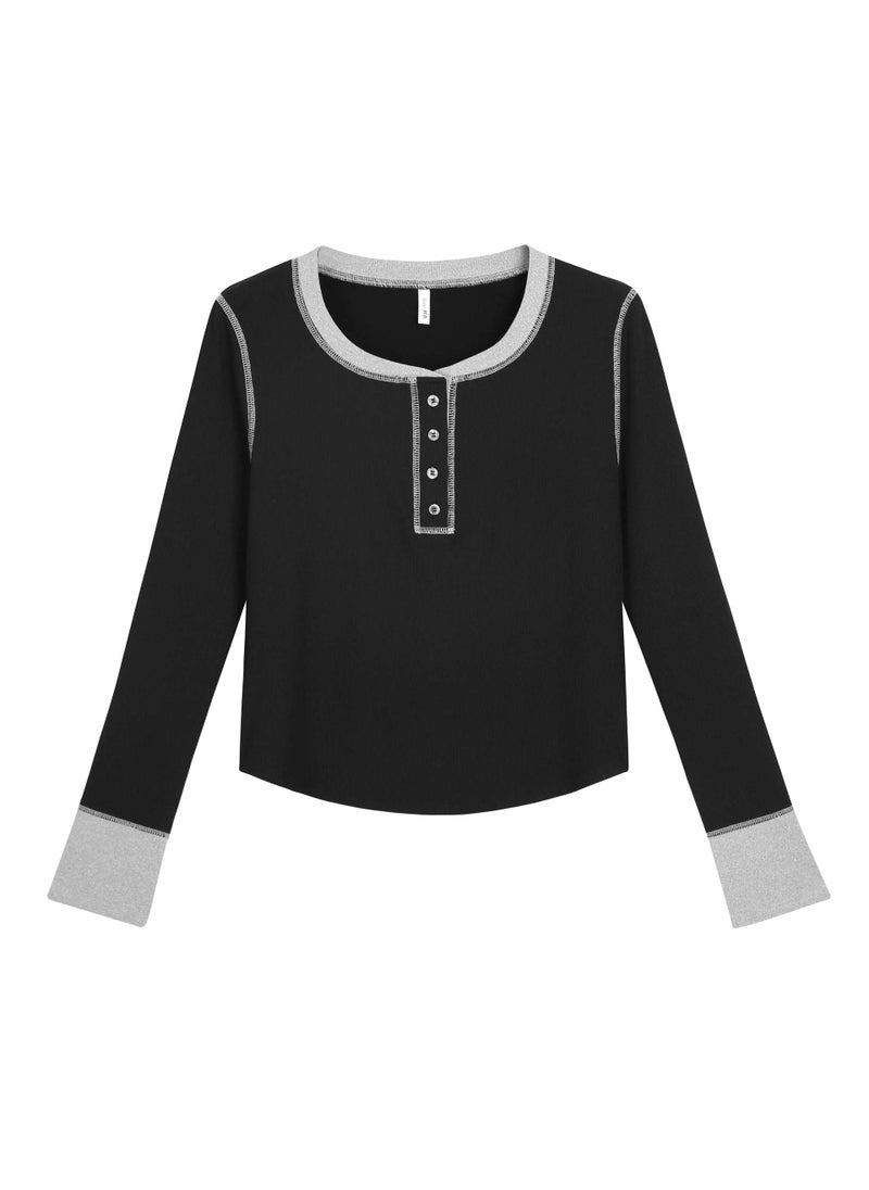 Color Block U-Neck Knit Top Plus Size Slimming Autumn Black