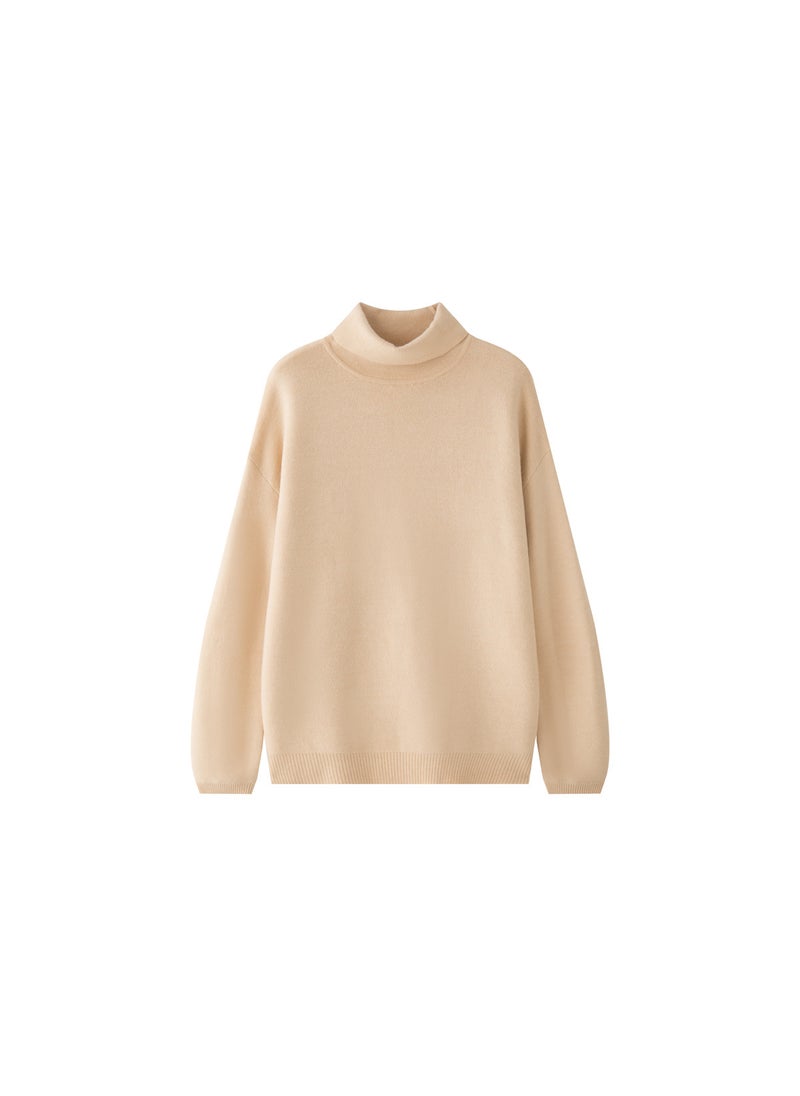 Winter Elegant Turtleneck Cashmere Sweater Womens Loose Fit Apricot