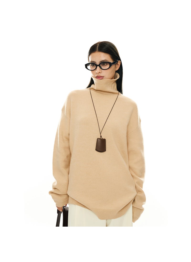 Winter Elegant Turtleneck Cashmere Sweater Womens Loose Fit Apricot