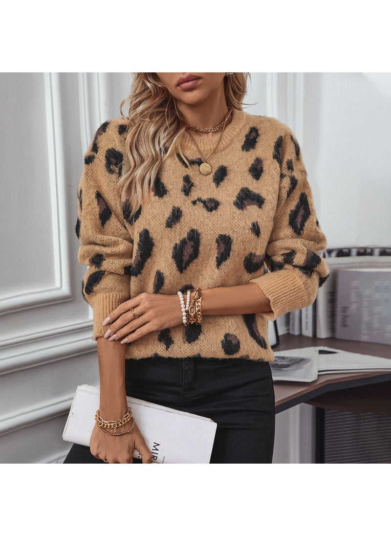 2024 Autumn Leopard Jacquard Womens Sweater Coat Off-white