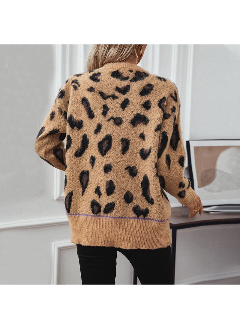 2024 Autumn Leopard Jacquard Womens Sweater Coat Off-white