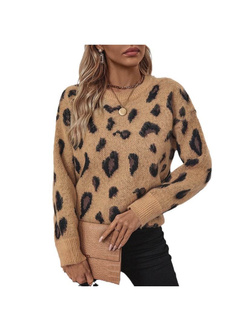 2024 Autumn Leopard Jacquard Womens Sweater Coat Off-white