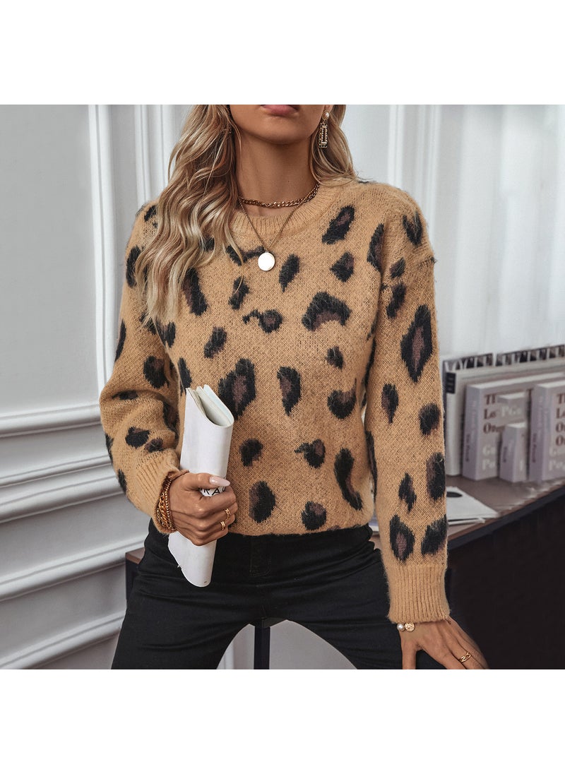 2024 Autumn Leopard Jacquard Womens Sweater Coat Off-white