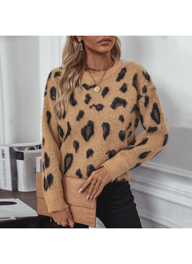 2024 Autumn Leopard Jacquard Womens Sweater Coat Off-white