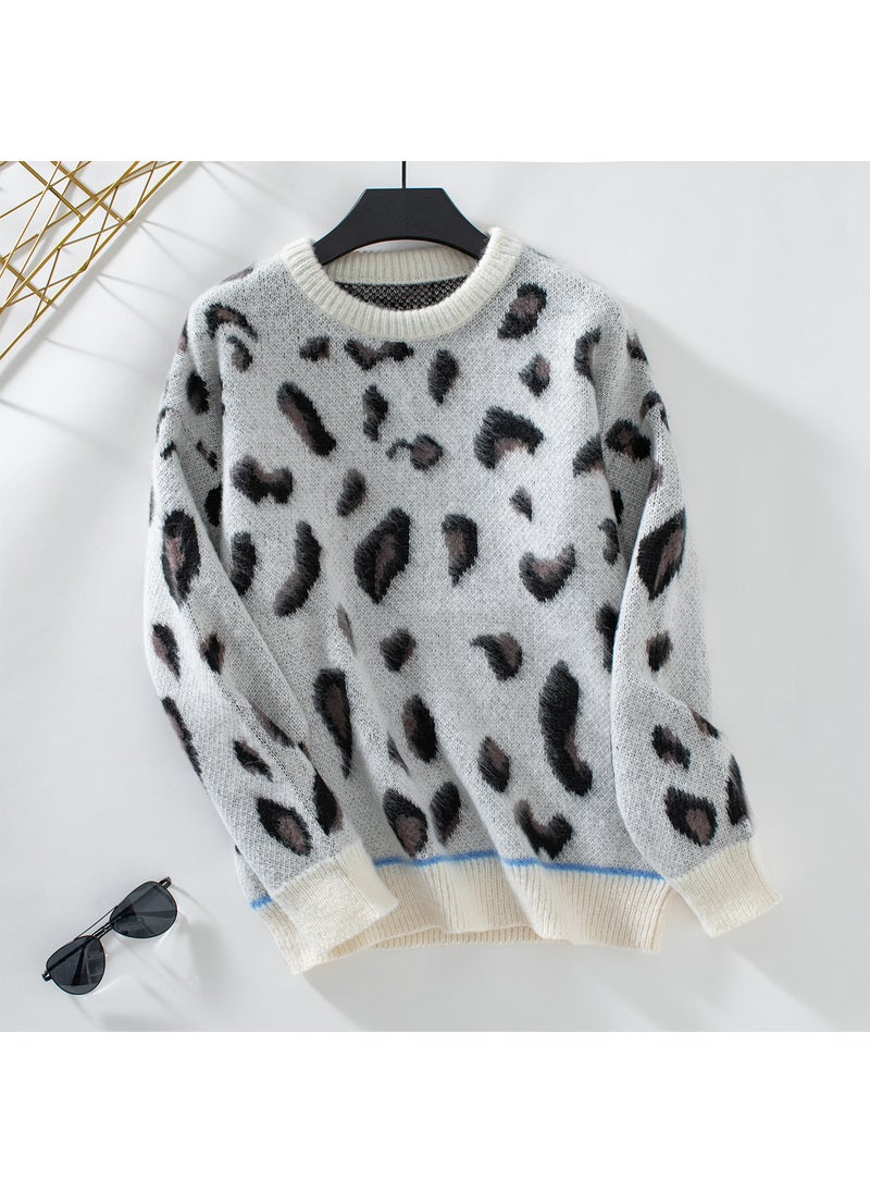 2024 Autumn Leopard Jacquard Womens Sweater Coat Off-white