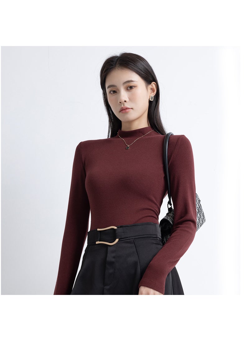 2024 New Arrival Half-turtleneck Top Womens Spring and Autumn Slim-fit Solid Color Slimming Base Shirt High Elastic Thread Long Sleeve Inner Shirt Turmeric