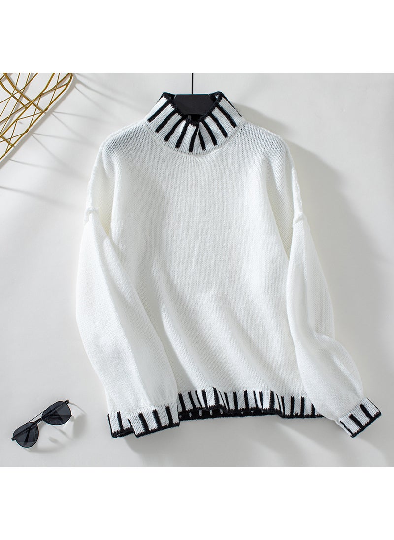 2024 Womens Knit Sweater Autumn Winter Vintage Colorblock Turtleneck rice white