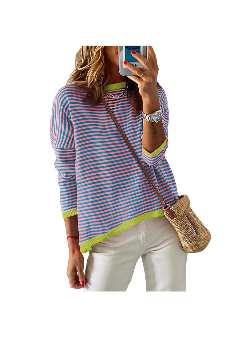 2024 Autumn Winter Striped Colorblock Womens Sweater Blue